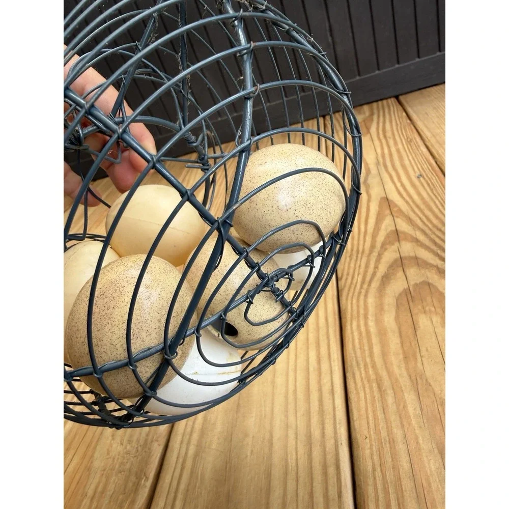 Vintage Wire Chicken Hen Egg Gathering Basket with Folding  Handles 8 Faux Eggs